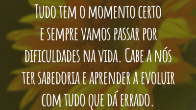 Tudo tem o momento certo e sempre vamos passar por dificuldades na vida. Cabe a nós ter sabedoria e aprender a evoluir com tudo que dá errado.