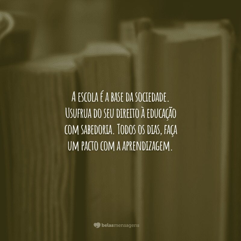 A escola é a base da sociedade. Usufrua do seu direito à educação com sabedoria. Todos os dias, faça um pacto com a aprendizagem.