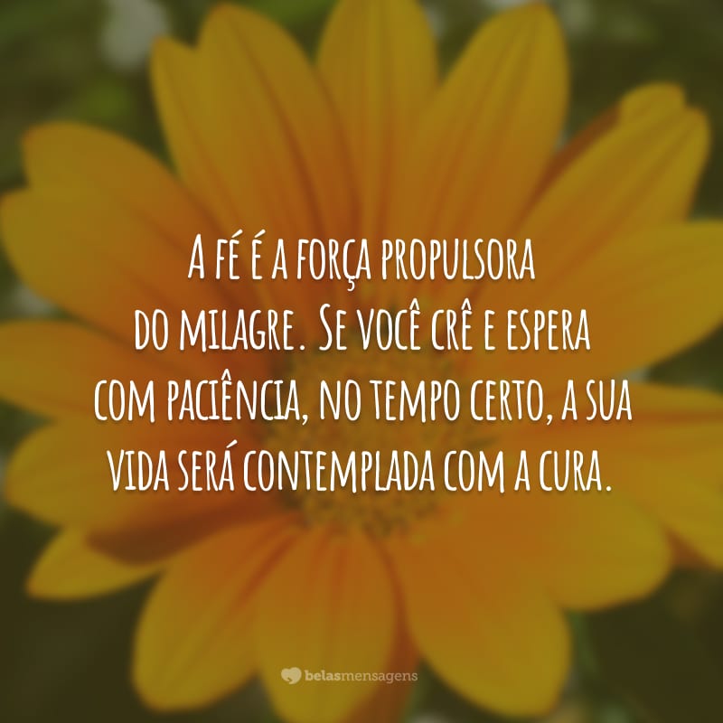 A fé é a força propulsora do milagre. Se você crê e espera com paciência, no tempo certo, a sua vida será contemplada com a cura.