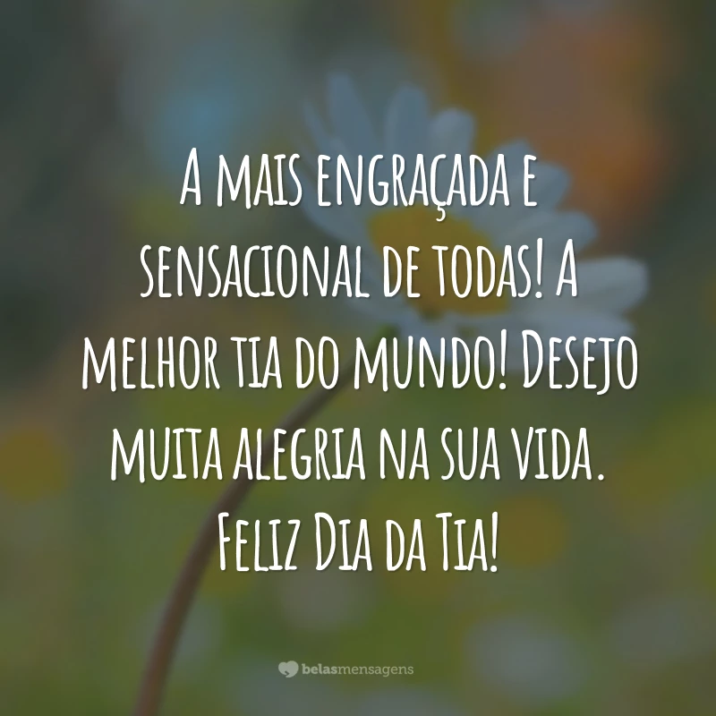 A mais engraçada e sensacional de todas! A melhor tia do mundo! Desejo muita alegria na sua vida. Feliz Dia da Tia!