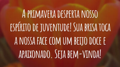 A primavera desperta nosso espírito de juventude! Sua brisa toca a nossa face com um beijo doce e apaixonado. Seja bem-vinda!