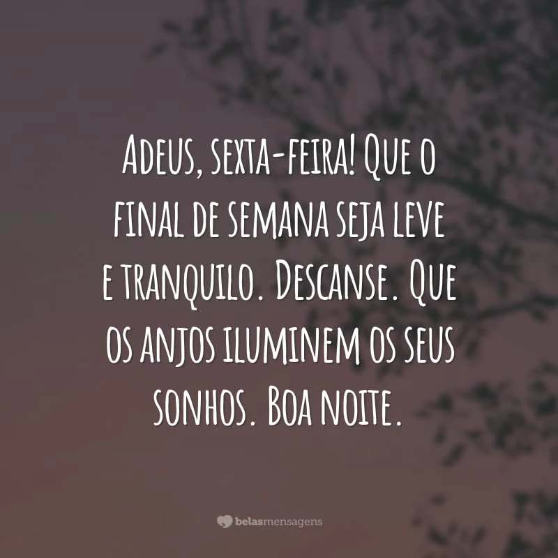 Adeus, sexta-feira! Que o final de semana seja leve e tranquilo. Descanse. Que os anjos iluminem os seus sonhos. Boa noite.