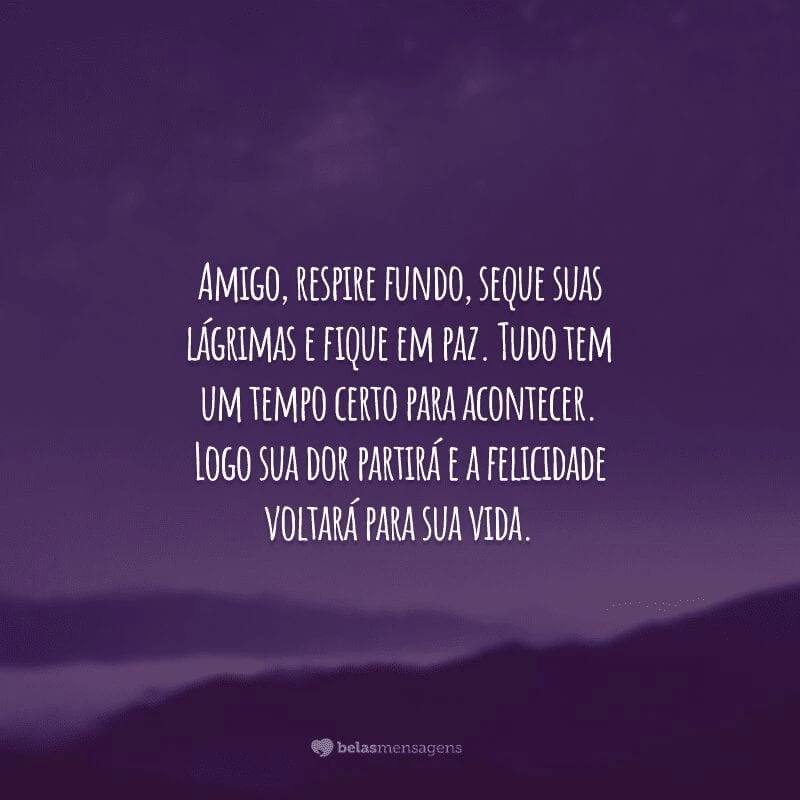 Amigo, respire fundo, seque suas lágrimas e fique em paz. Tudo tem um tempo certo para acontecer. Logo sua dor partirá e a felicidade voltará para sua vida.