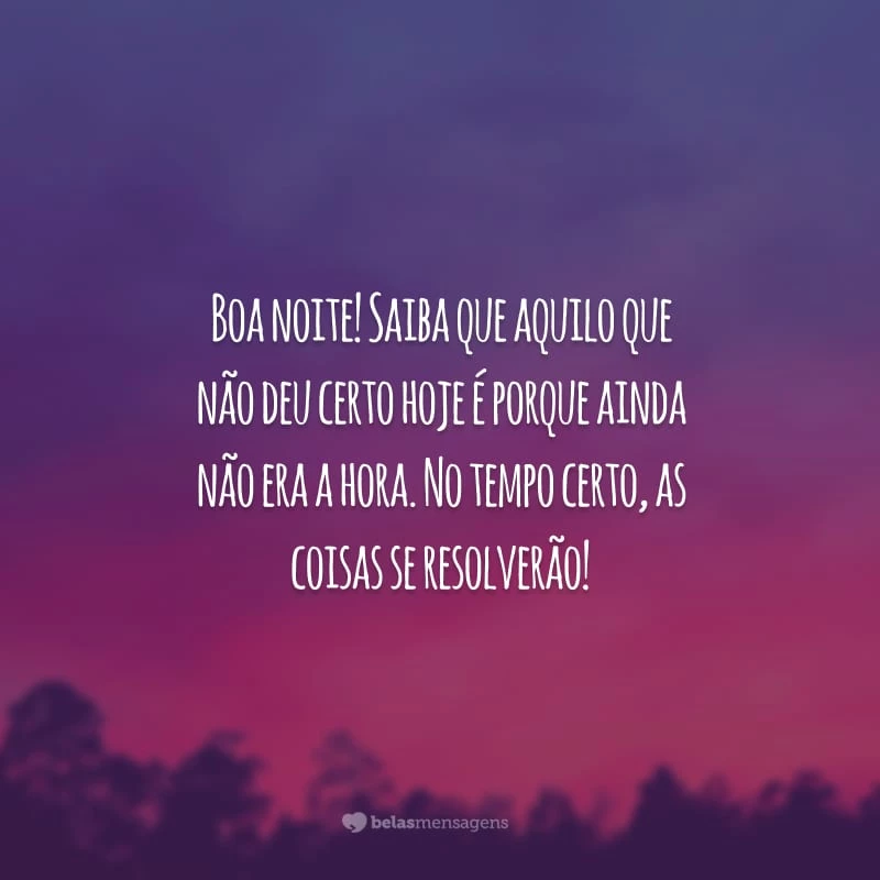 Boa noite! Saiba que aquilo que não deu certo hoje é porque ainda não era a hora. No tempo certo, as coisas se resolverão!