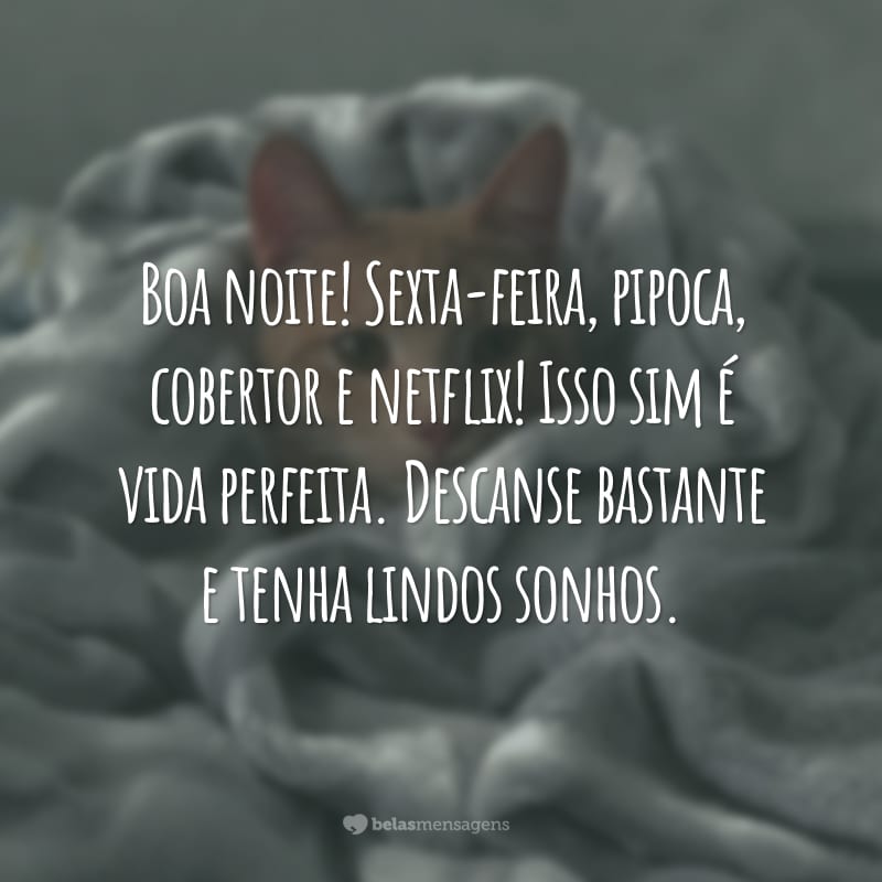 Boa noite! Sexta-feira, pipoca, cobertor e netflix! Isso sim é vida perfeita. Descanse bastante e tenha lindos sonhos.