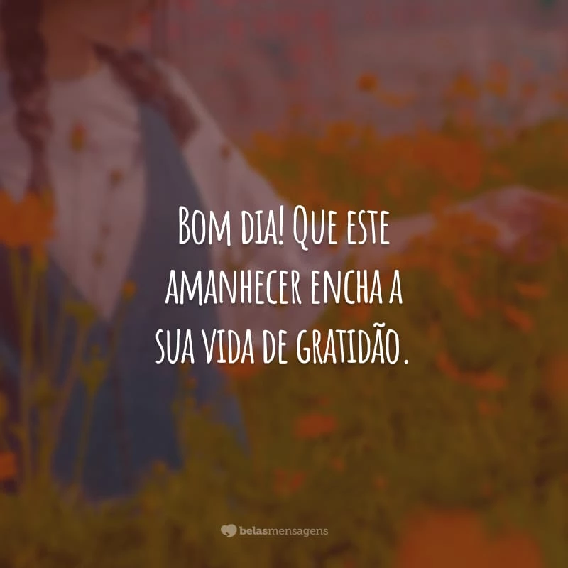 Bom dia! Que este amanhecer encha a sua vida de gratidão. Coloque alegria em todas as suas ações e deixe a felicidade resplandecer em você.