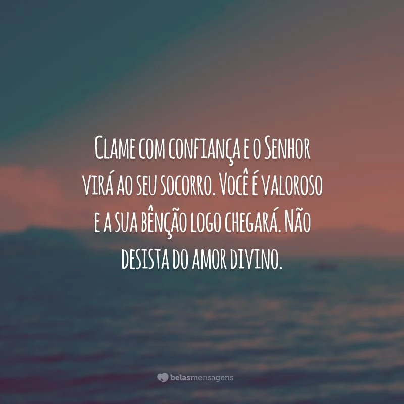 Clame com confiança e o Senhor virá ao seu socorro. Você é valoroso e a sua bênção logo chegará. Não desista do amor divino.