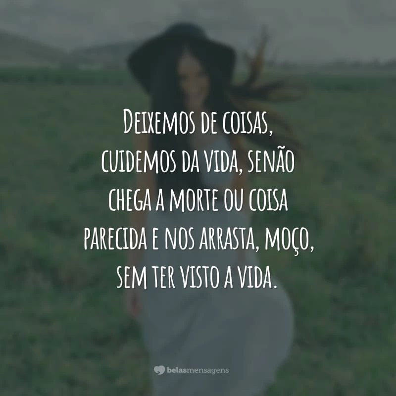 Deixemos de coisas, cuidemos da vida, senão chega a morte ou coisa parecida e nos arrasta, moço, sem ter visto a vida.