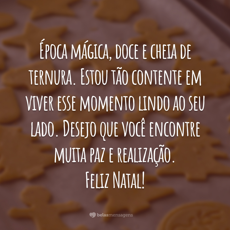 Época mágica, doce e cheia de ternura. Estou tão contente em viver esse momento lindo ao seu lado. Desejo que você encontre muita paz e realização. Feliz Natal!