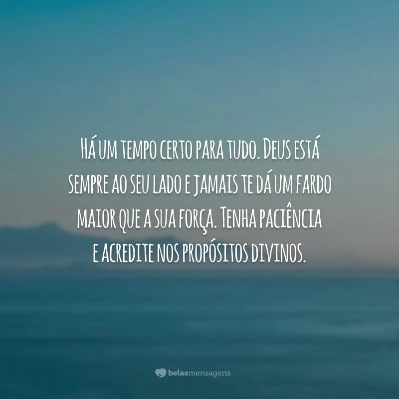 Há um tempo certo para tudo. Deus está sempre ao seu lado e jamais te dá um fardo maior que a sua força. Tenha paciência e acredite nos propósitos divinos.