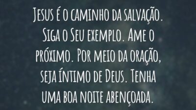 Jesus é o caminho da salvação. Siga o Seu exemplo. Ame o próximo. Por meio da oração, seja íntimo de Deus. Tenha uma boa noite abençoada.