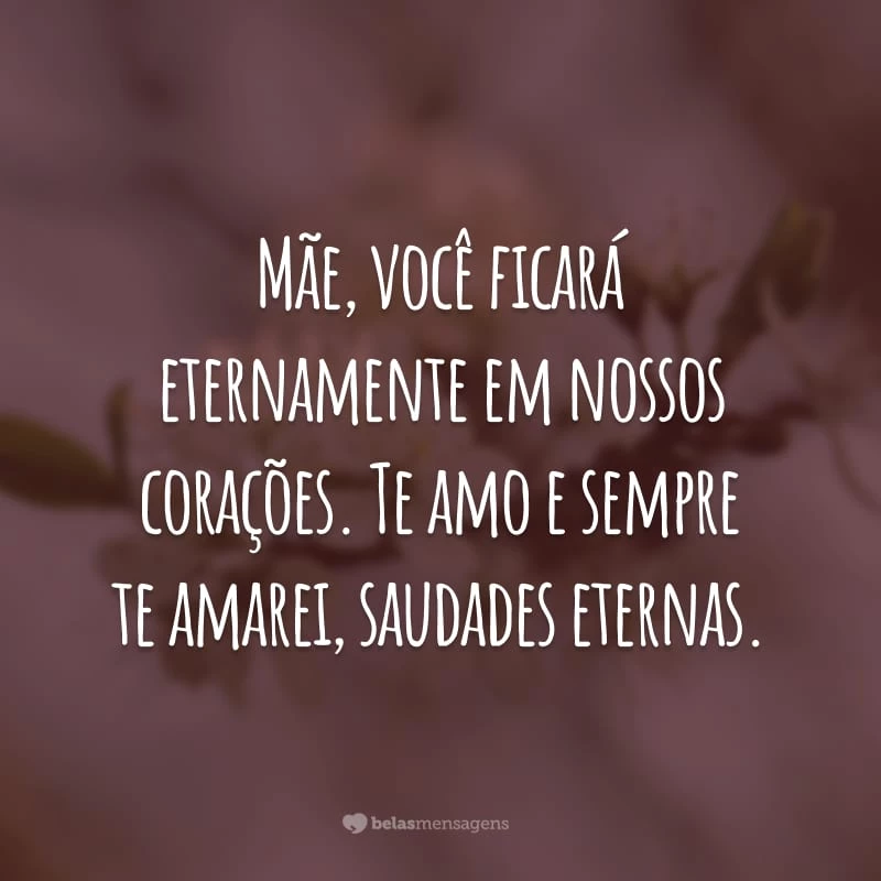 Mãe, você ficará eternamente em nossos corações. Te amo e sempre te amarei, saudades eternas.