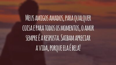 Meus amigos amados, para qualquer coisa e para todos os momentos, o amor sempre é a resposta. Saibam apreciar a vida, porque ela é bela!