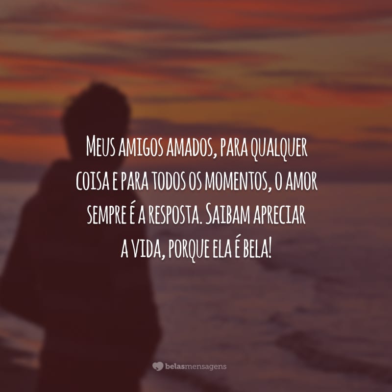 Meus amigos amados, para qualquer coisa e para todos os momentos, o amor sempre é a resposta. Saibam apreciar a vida, porque ela é bela!