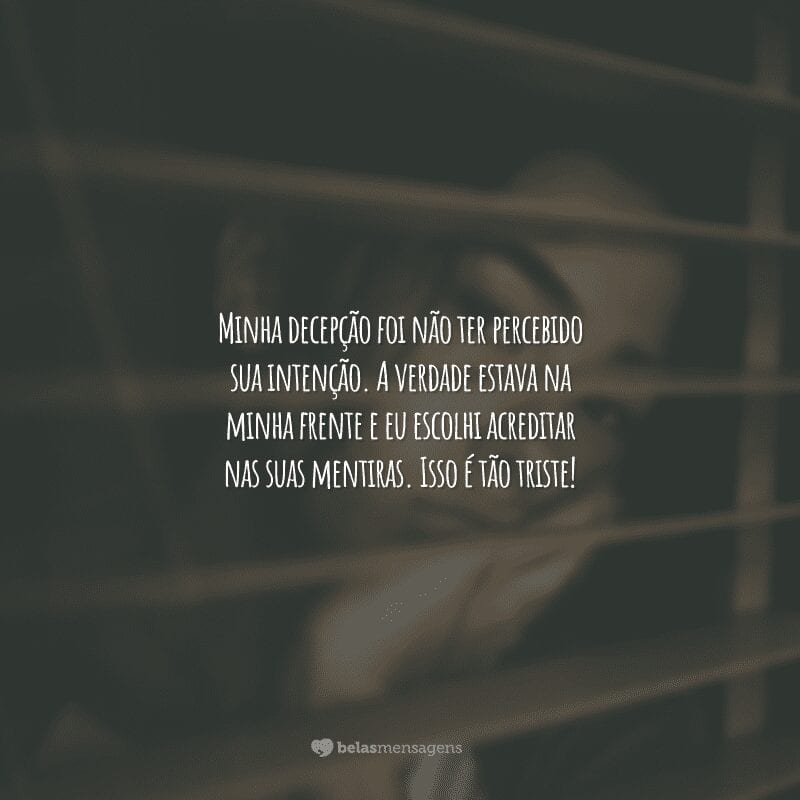 Minha decepção foi não ter percebido sua intenção. A verdade estava na minha frente e eu escolhi acreditar nas suas mentiras. Isso é tão triste!