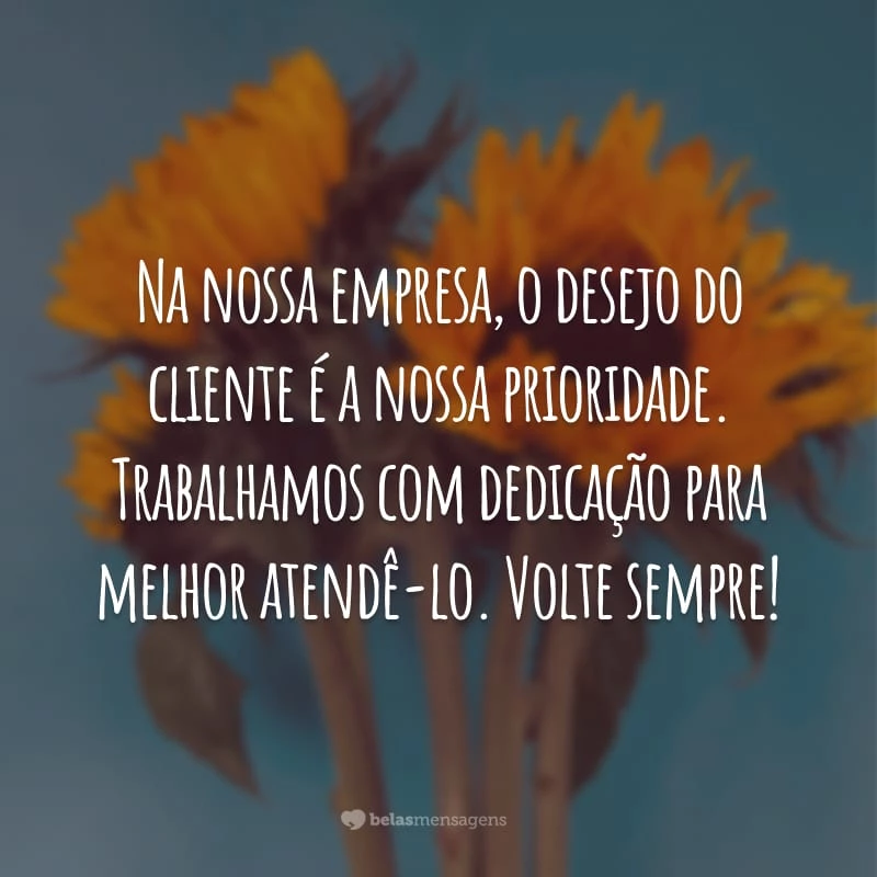 Na nossa empresa, o desejo do cliente é a nossa prioridade. Trabalhamos com dedicação para melhor atendê-lo. Volte sempre!