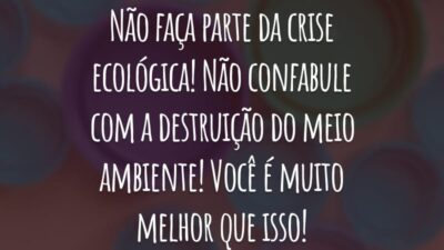 Não faça parte da crise ecológica! Não confabule com a destruição do meio ambiente! Você é muito melhor que isso!