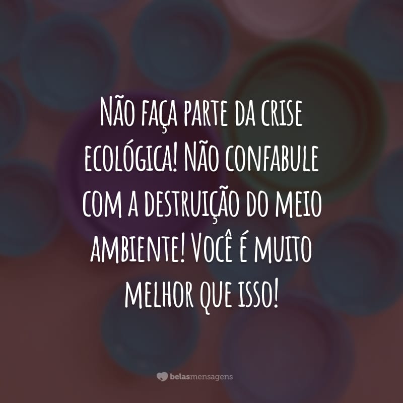 Não faça parte da crise ecológica! Não confabule com a destruição do meio ambiente! Você é muito melhor que isso!