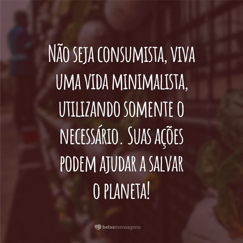 Não seja consumista, viva uma vida minimalista, utilizando somente o necessário. Suas ações podem ajudar a salvar o planeta!