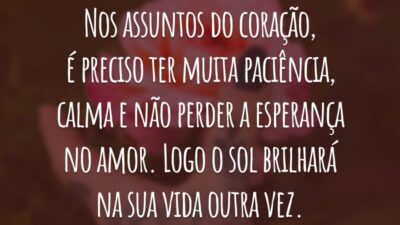 Nos assuntos do coração, é preciso ter muita paciência, calma e não perder a esperança no amor. Logo o sol brilhará na sua vida outra vez.