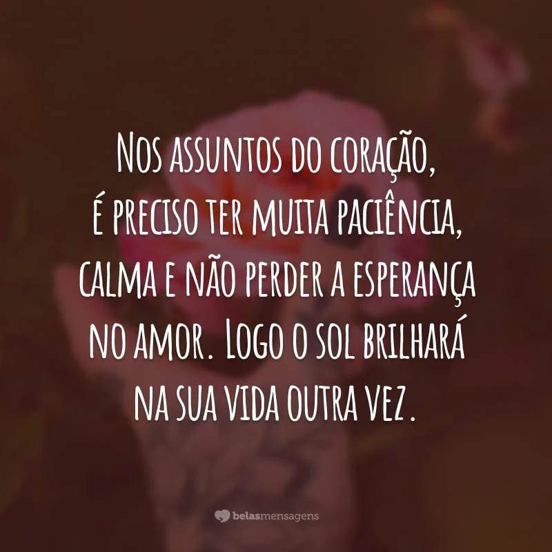 Nos assuntos do coração, é preciso ter muita paciência, calma e não perder a esperança no amor. Logo o sol brilhará na sua vida outra vez.