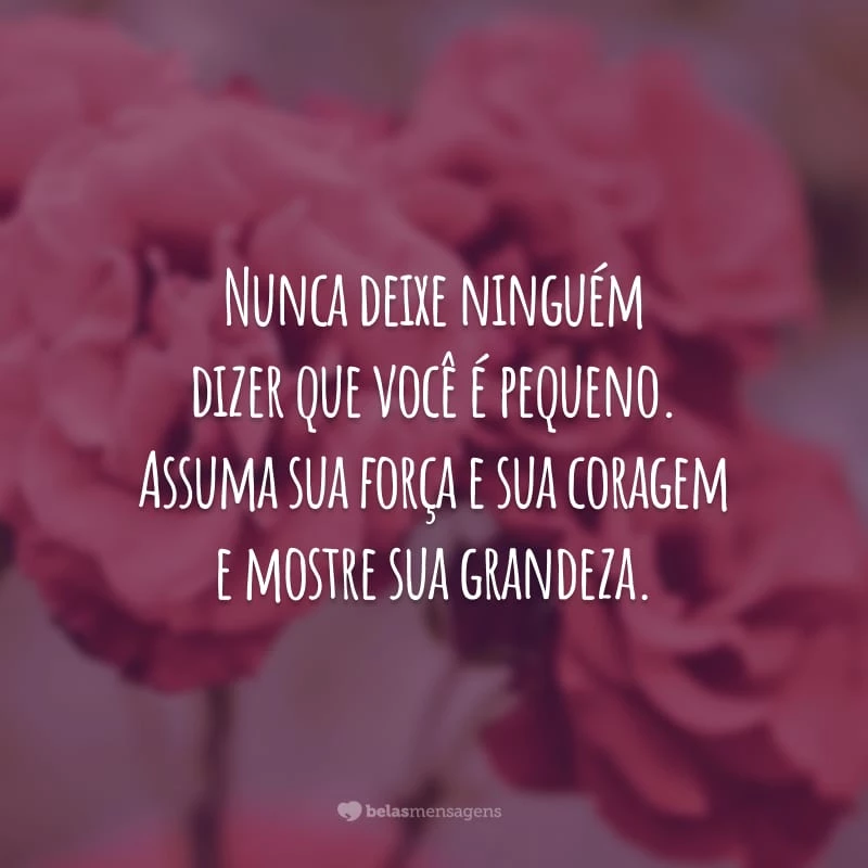 Nunca deixe ninguém dizer que você é pequeno. Assuma sua força e sua coragem e mostre sua grandeza.