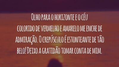Olho para o horizonte e o céu colorido de vermelho e amarelo me enche de admiração. O crepúsculo é estonteante de tão belo! Deixo a gratidão tomar conta de mim.