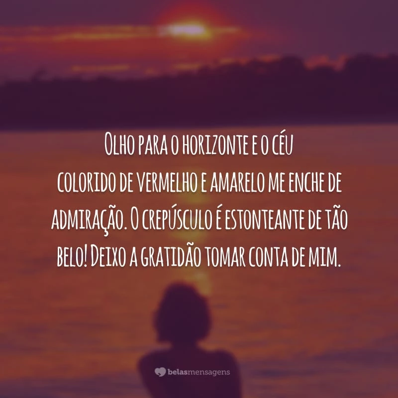 Olho para o horizonte e o céu colorido de vermelho e amarelo me enche de admiração. O crepúsculo é estonteante de tão belo! Deixo a gratidão tomar conta de mim.