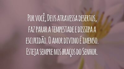 Por você, Deus atravessa desertos, faz parar a tempestade e dissipa a escuridão. O amor divino é imenso. Esteja sempre nos braços do Senhor.