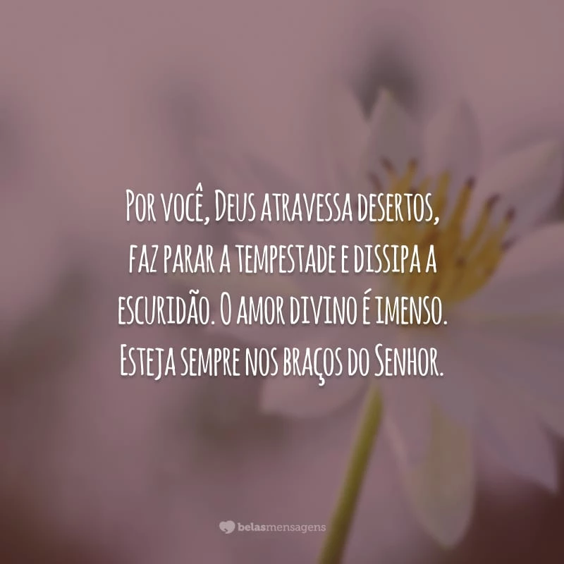 Por você, Deus atravessa desertos, faz parar a tempestade e dissipa a escuridão. O amor divino é imenso. Esteja sempre nos braços do Senhor.