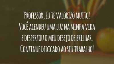 Professor, eu te valorizo muito! Você acendeu uma luz na minha vida e despertou o meu desejo de brilhar. Continue dedicado ao seu trabalho!