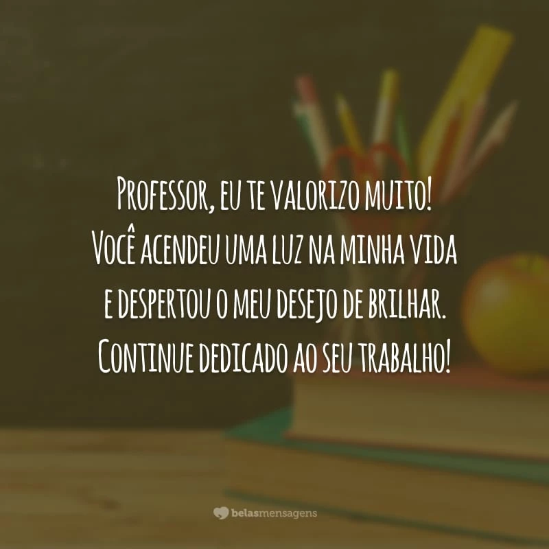 Professor, eu te valorizo muito! Você acendeu uma luz na minha vida e despertou o meu desejo de brilhar. Continue dedicado ao seu trabalho!