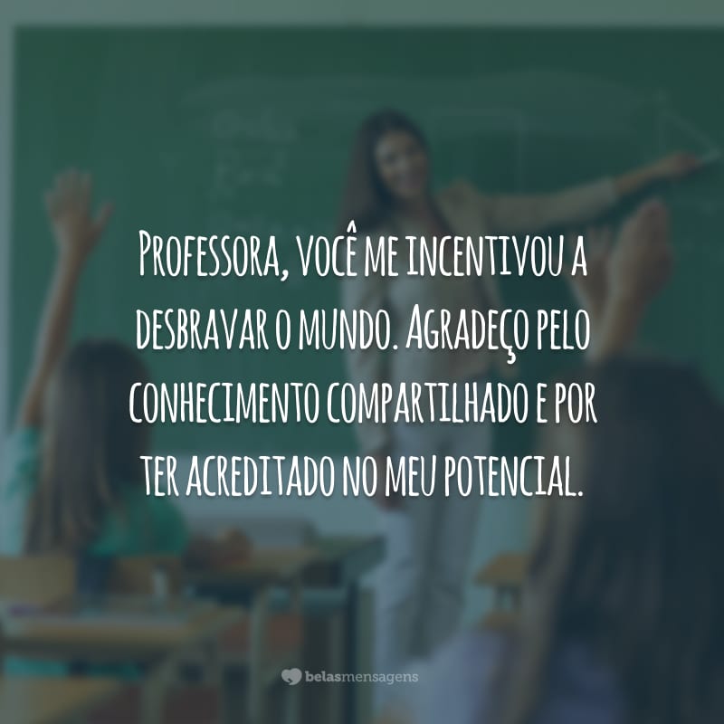 Professora, você me incentivou a desbravar o mundo. Agradeço pelo conhecimento compartilhado e por ter acreditado no meu potencial.