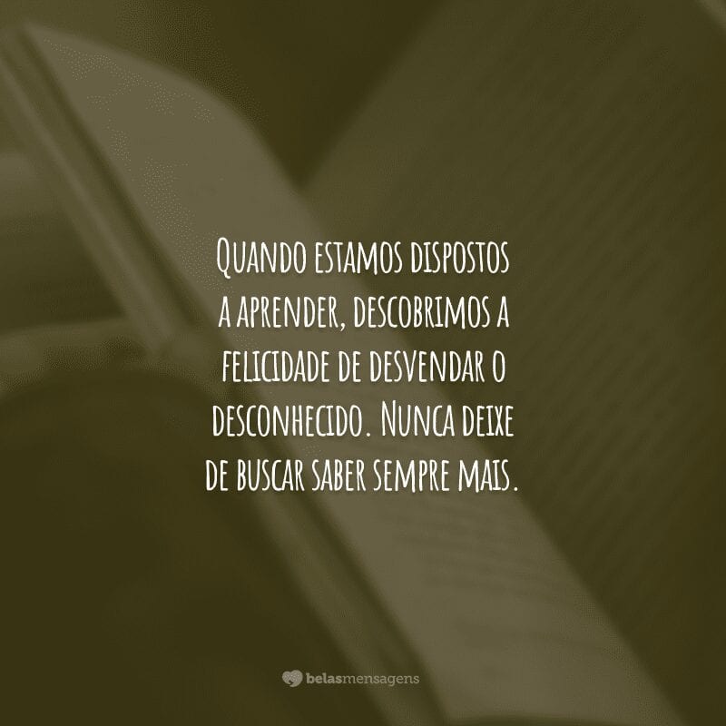 Quando estamos dispostos a aprender, descobrimos a felicidade de desvendar o desconhecido. Nunca deixe de buscar saber sempre mais.