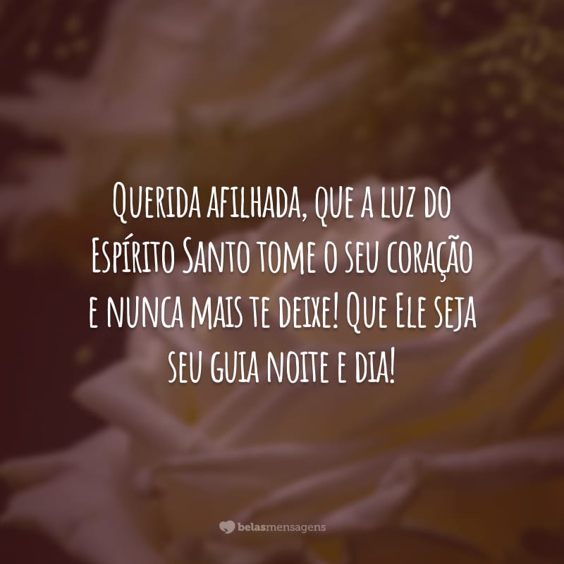 Querida afilhada, que a luz do Espírito Santo tome o seu coração e nunca mais te deixe! Que Ele seja seu guia noite e dia!