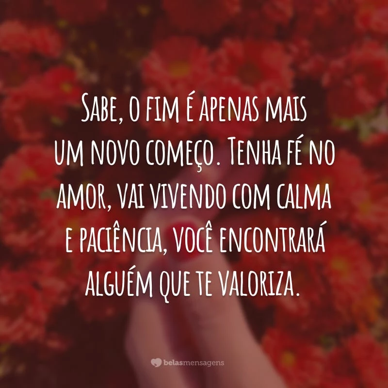 Sabe, o fim é apenas mais um novo começo. Tenha fé no amor, vai vivendo com calma e paciência, você encontrará alguém que te valoriza.