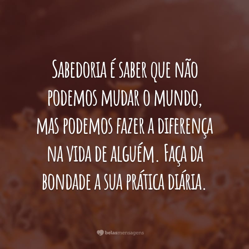 Sabedoria é saber que não podemos mudar o mundo, mas podemos fazer a diferença na vida de alguém. Faça da bondade a sua prática diária.