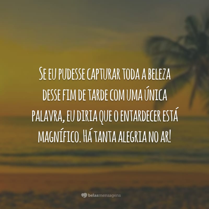 Se eu pudesse capturar toda a beleza desse fim de tarde com uma única palavra, eu diria que o entardecer está magnífico. Há tanta alegria no ar!