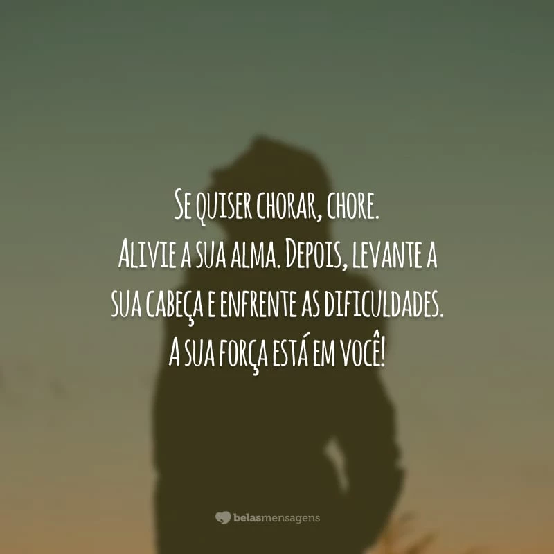 Se quiser chorar, chore. Alivie a sua alma. Depois, levante a sua cabeça e enfrente as dificuldades. A sua força está em você!