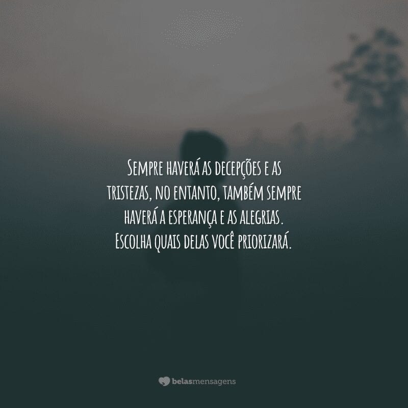 Sempre haverá as decepções e as tristezas, no entanto, também sempre haverá a esperança e as alegrias. Escolha quais delas você priorizará.