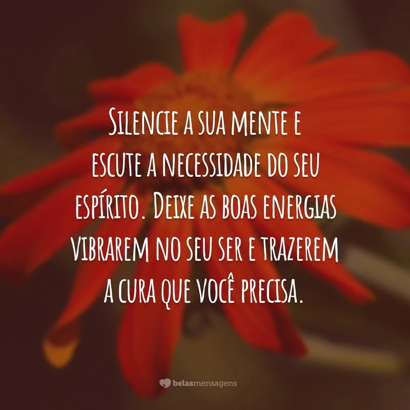 Silencie a sua mente e escute a necessidade do seu espírito. Deixe as boas energias vibrarem no seu ser e trazerem a cura que você precisa.