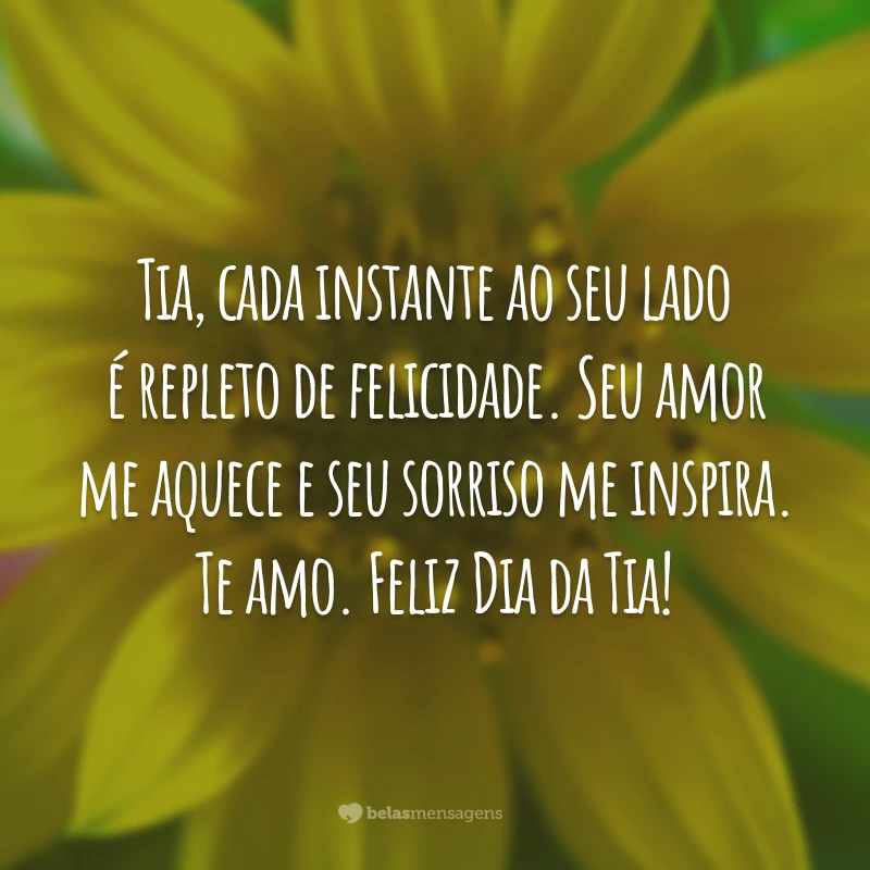 Tia, cada instante ao seu lado é repleto de felicidade. Seu amor me aquece e seu sorriso me inspira. Te amo. Feliz Dia da Tia!