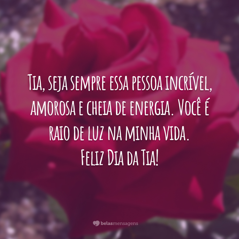 Tia, seja sempre essa pessoa incrível, amorosa e cheia de energia. Você é raio de luz na minha vida. Feliz Dia da Tia!