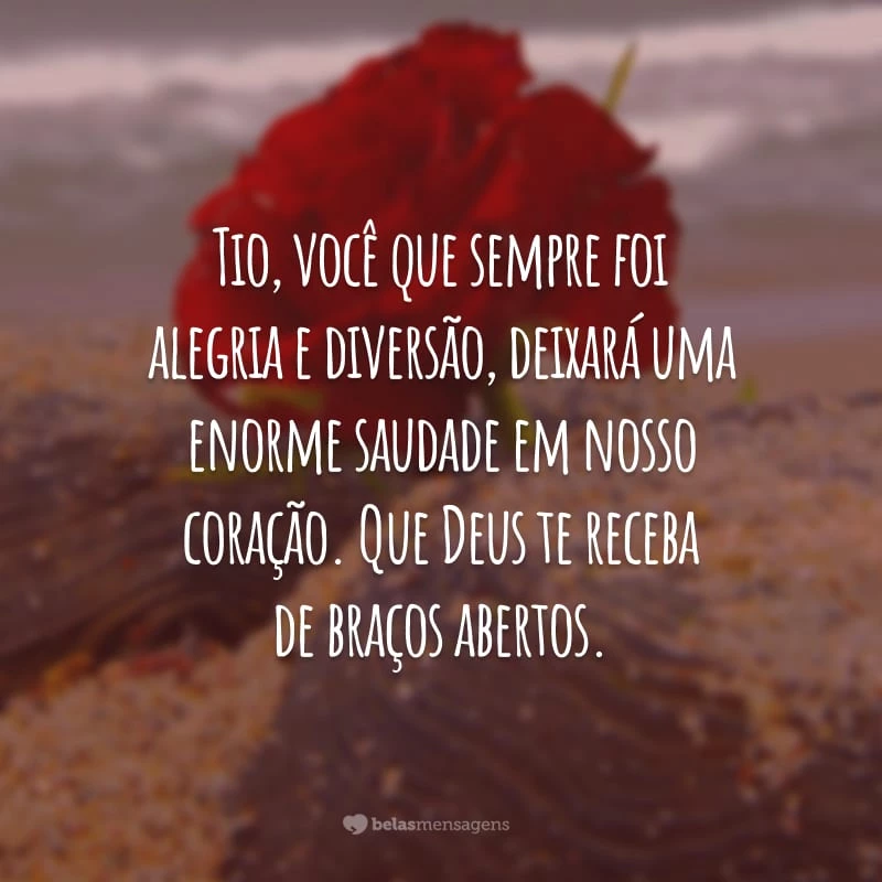 Tio, você que sempre foi alegria e diversão, deixará uma enorme saudade em nosso coração. Que Deus te receba de braços abertos.