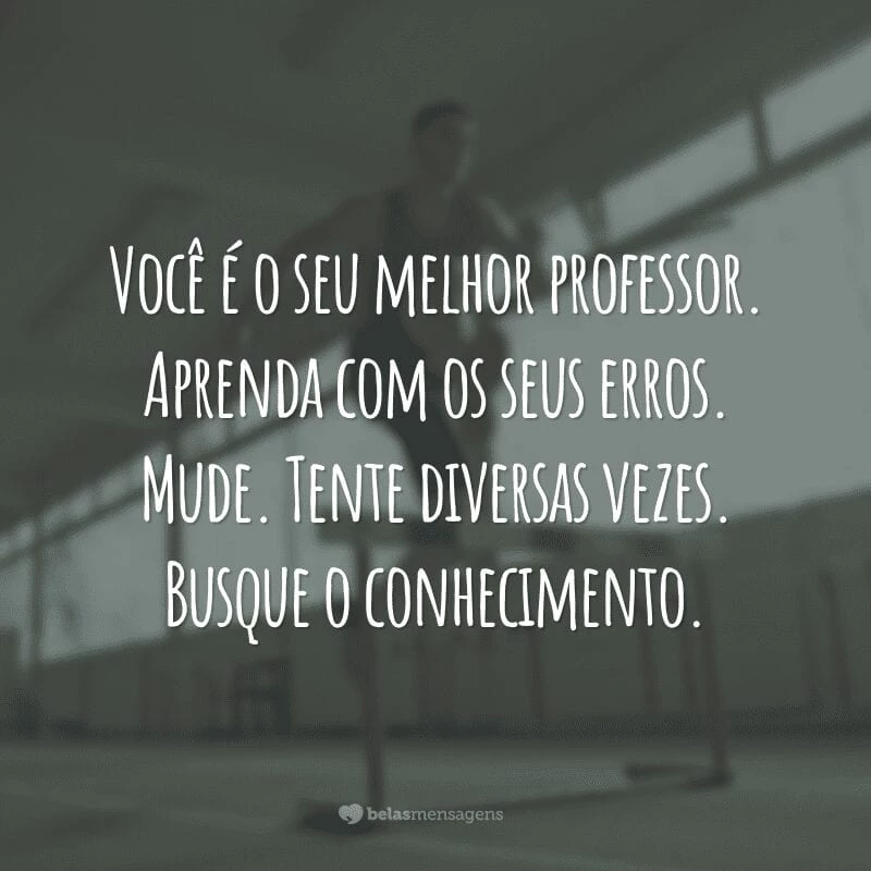 Você é o seu melhor professor. Aprenda com os seus erros. Mude. Tente diversas vezes. Busque o conhecimento.