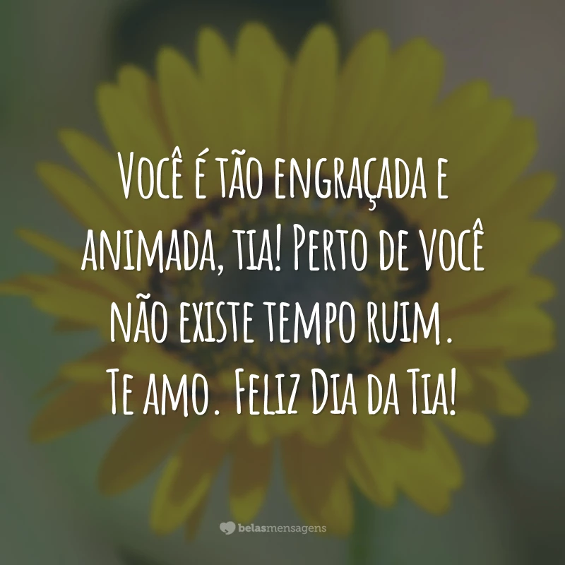 Você é tão engraçada e animada, tia! Perto de você não existe tempo ruim. Te amo. Feliz Dia da Tia!