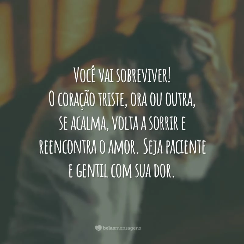 Você vai sobreviver! O coração triste, ora ou outra, se acalma, volta a sorrir e reencontra o amor. Seja paciente e gentil com sua dor.