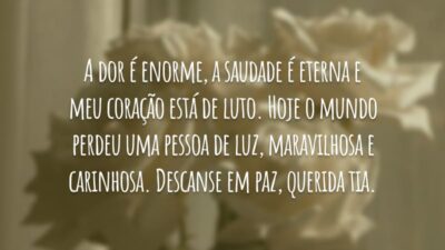 A dor é enorme, a saudade é eterna e meu coração está de luto. Hoje o mundo perdeu uma pessoa de luz, maravilhosa e carinhosa. Descanse em paz, querida tia.