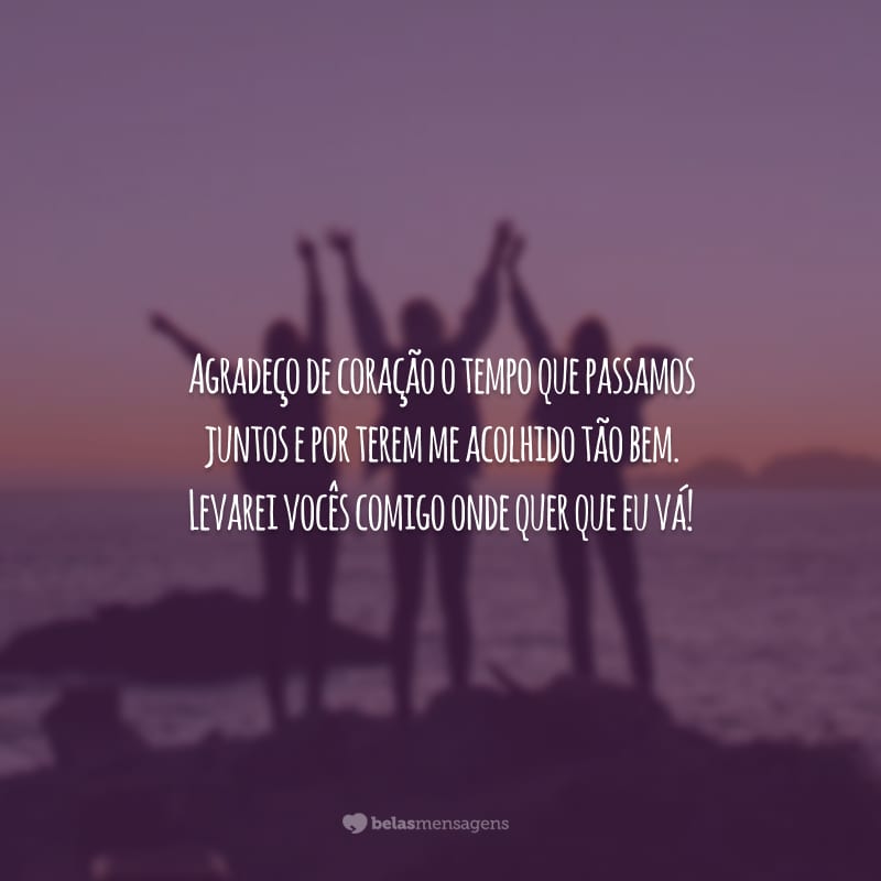 Agradeço de coração o tempo que passamos juntos e por terem me acolhido tão bem. Levarei vocês comigo onde quer que eu vá!