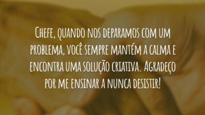 Chefe, quando nos deparamos com um problema, você sempre mantém a calma e encontra uma solução criativa. Agradeço por me ensinar a nunca desistir!